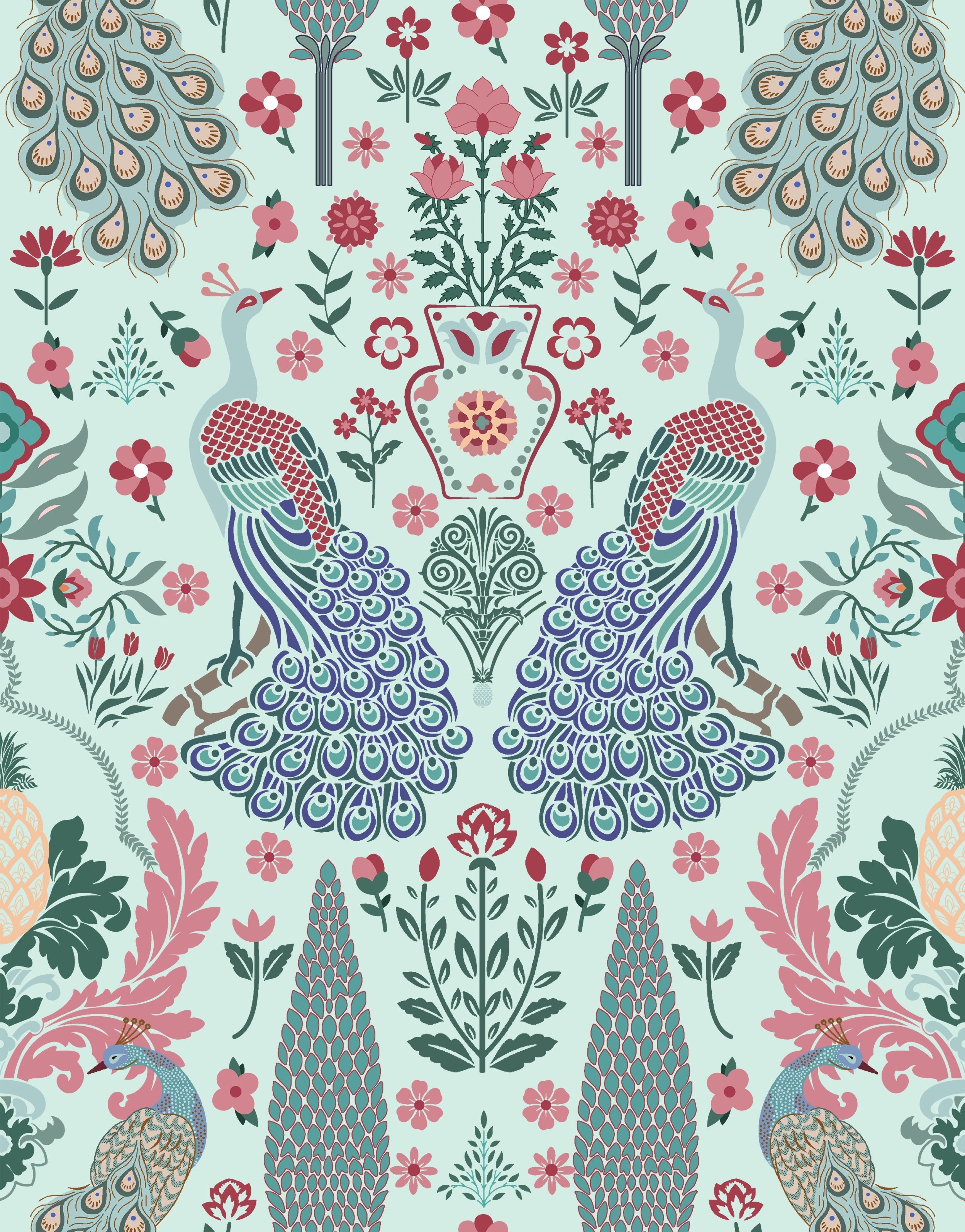Symmetrical damask motifs in pink and sage green with intricate floral ornamental details - view 18 - repeat-original - final