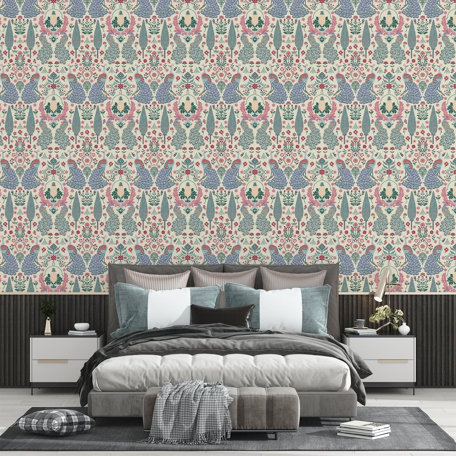 Symmetrical damask motifs in pink and sage green with intricate floral ornamental details - view 19 - final bed-room