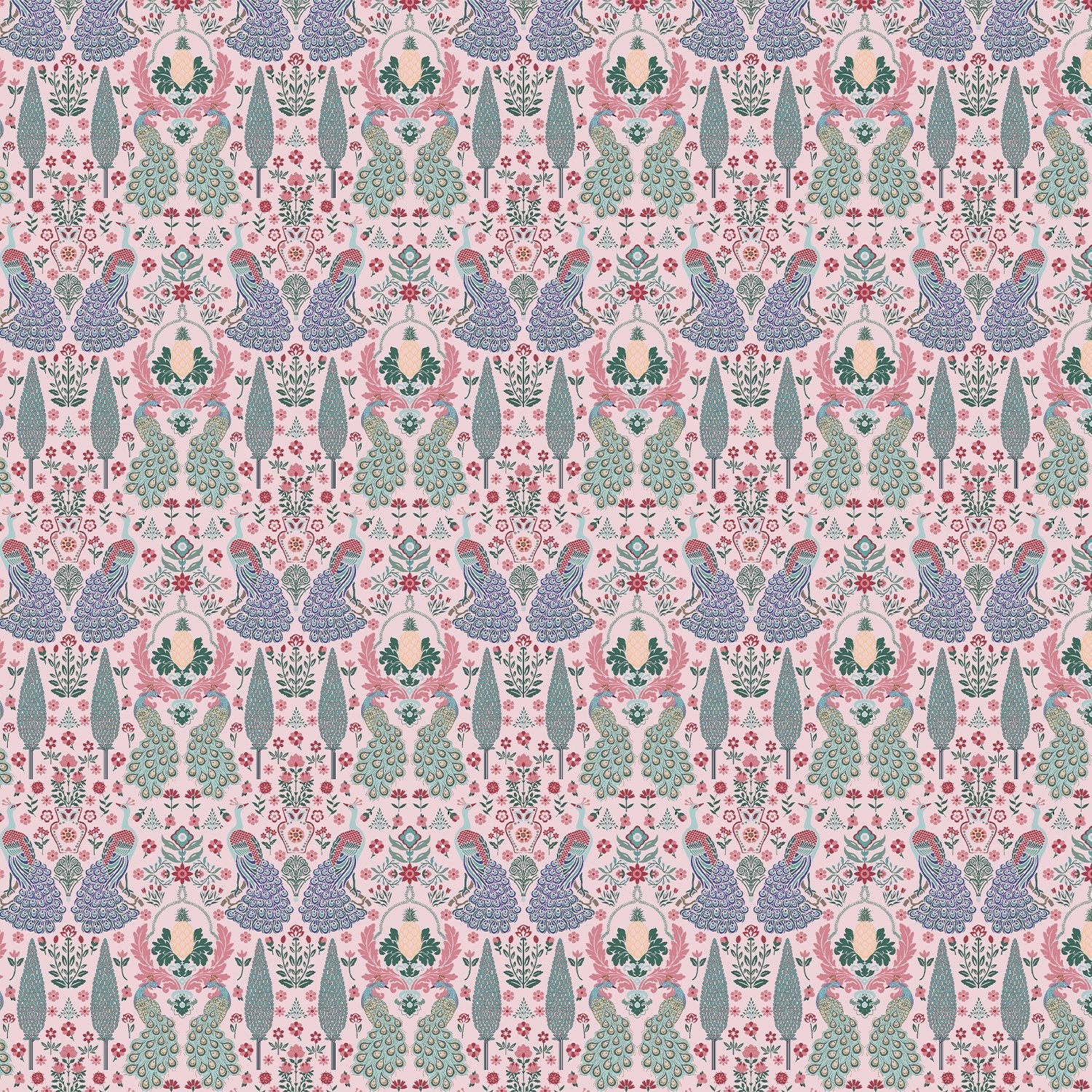 Symmetrical damask motifs in pink and sage green with intricate floral ornamental details - view 2 - final