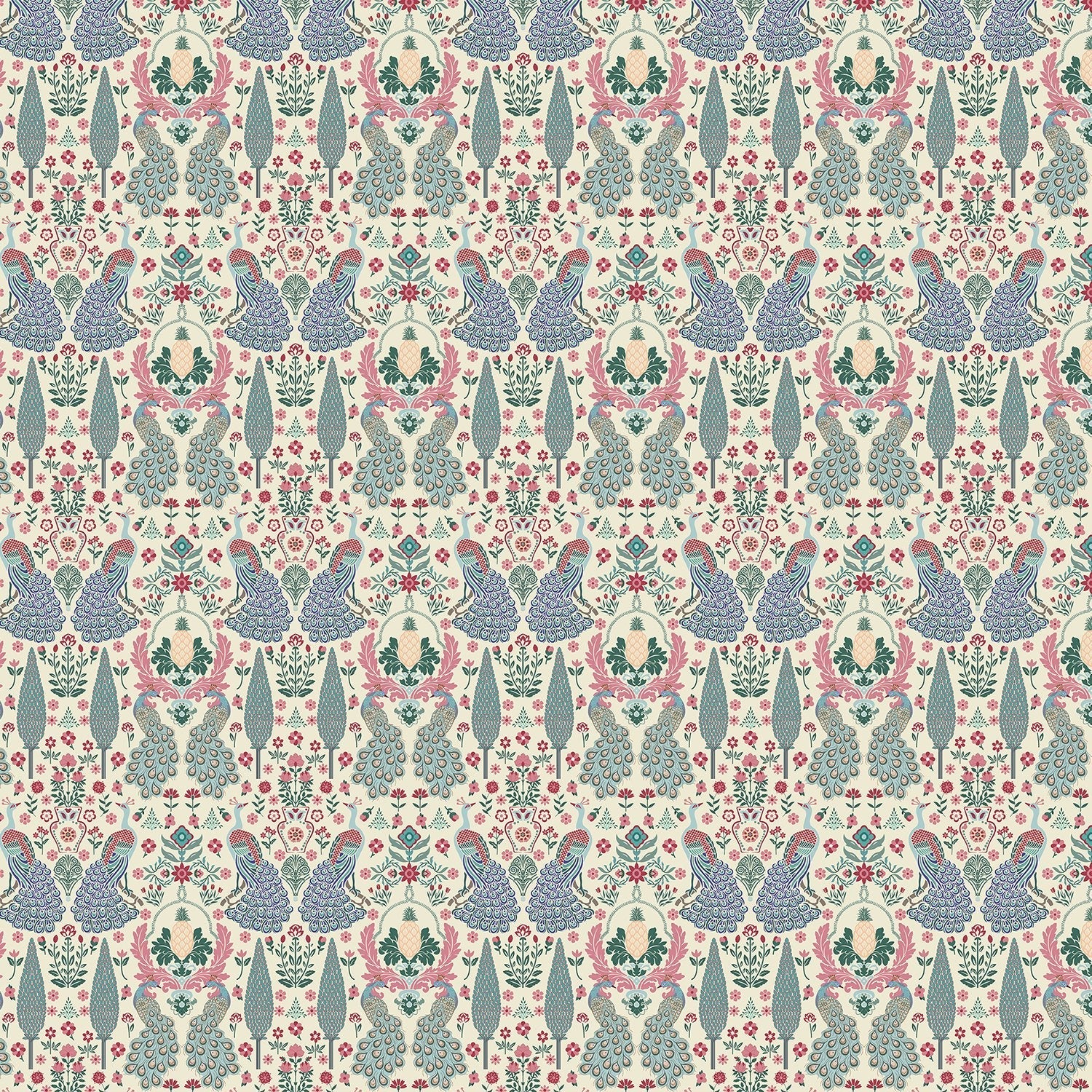 Symmetrical damask motifs in pink and sage green with intricate floral ornamental details - view 20 - final