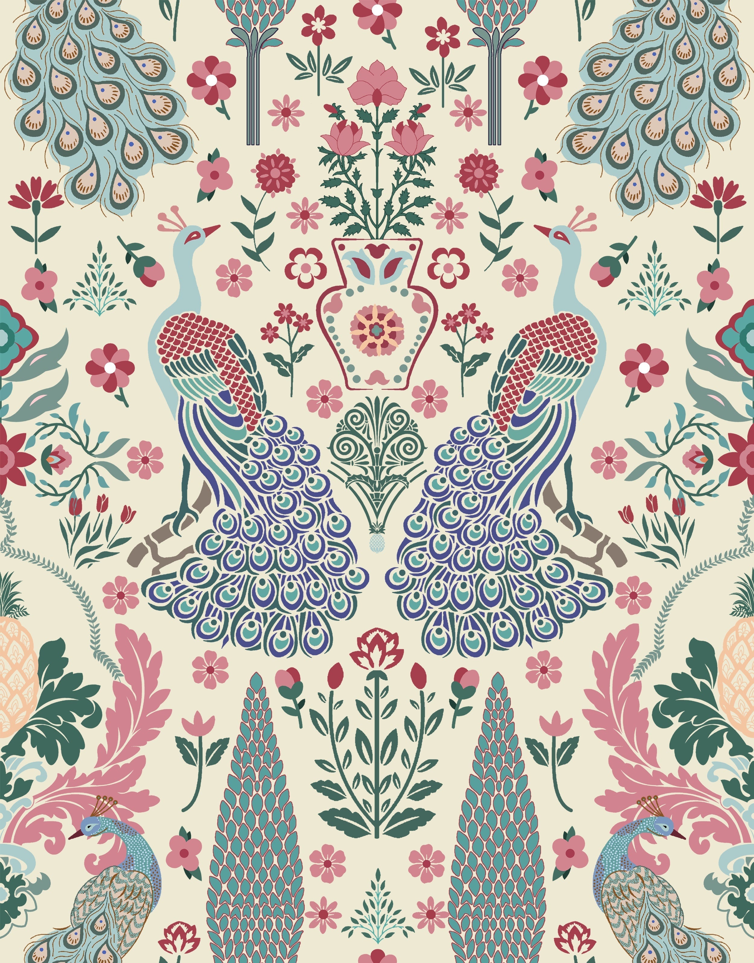Symmetrical damask motifs in pink and sage green with intricate floral ornamental details - view 22 - repeat-original - final