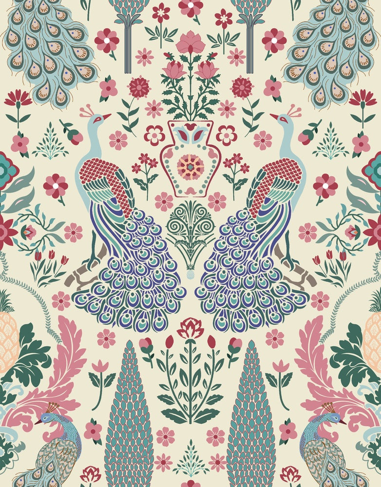 Symmetrical damask motifs in pink and sage green with intricate floral ornamental details - view 23 - repeat-small - final