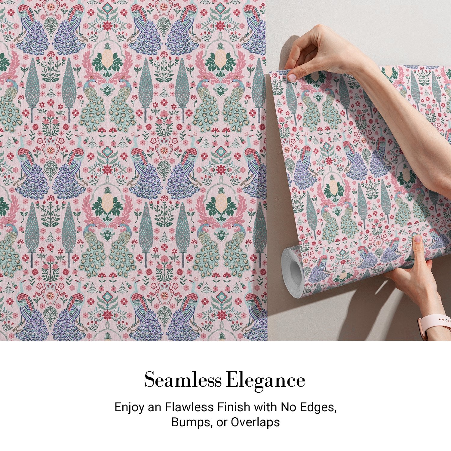 Symmetrical damask motifs in pink and sage green with intricate floral ornamental details - view 4 - final