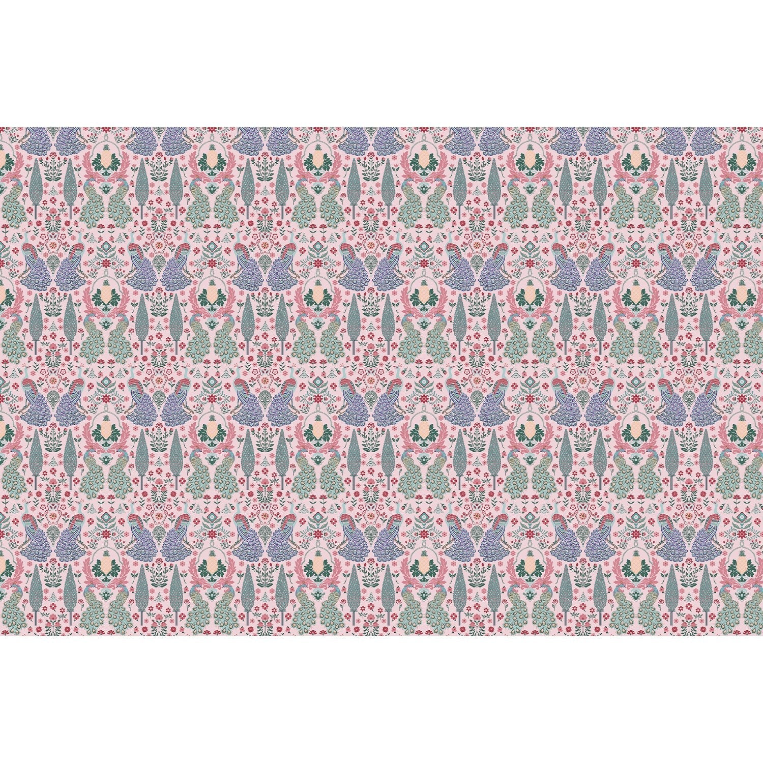 Symmetrical damask motifs in pink and sage green with intricate floral ornamental details - view 6 - repeat-full-square - final