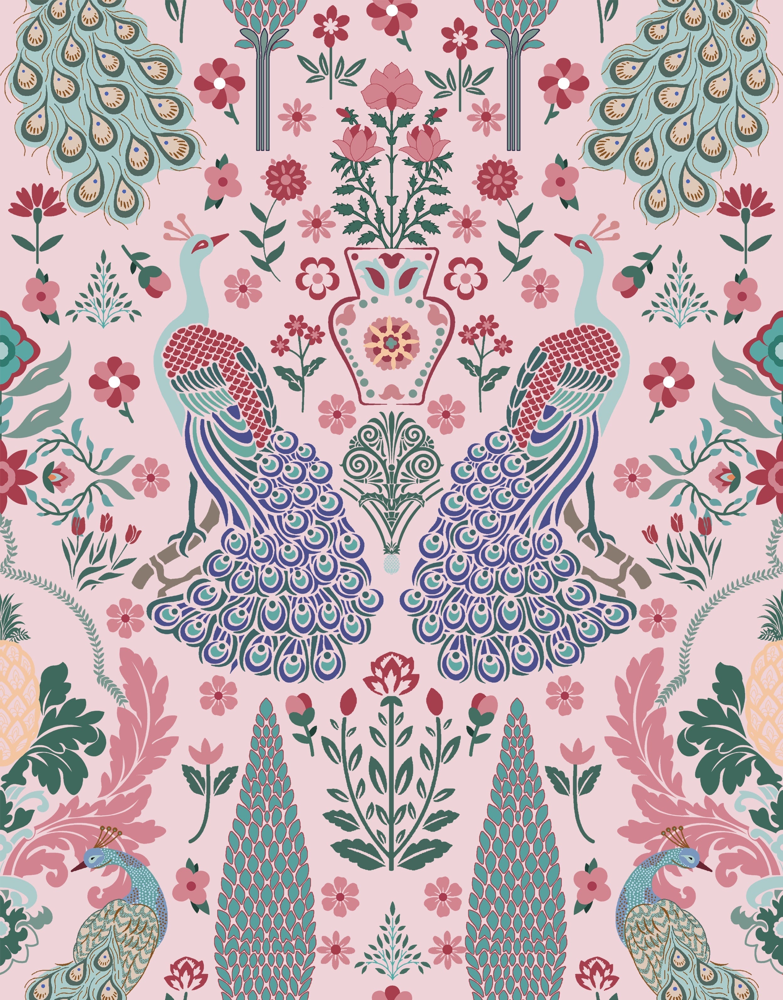 Symmetrical damask motifs in pink and sage green with intricate floral ornamental details - view 7 - repeat-original - final