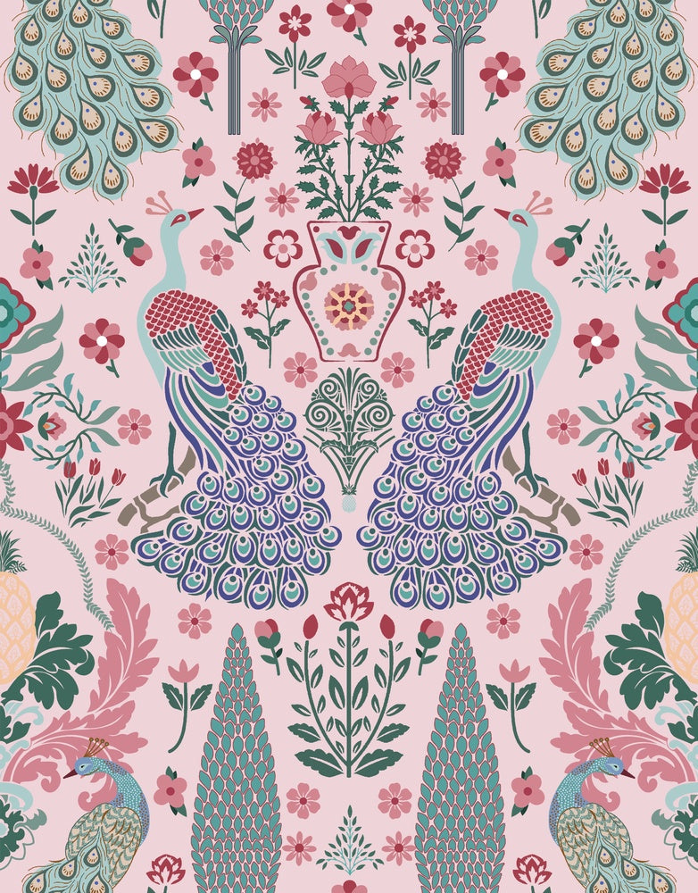 Symmetrical damask motifs in pink and sage green with intricate floral ornamental details - view 8 - repeat-small - final