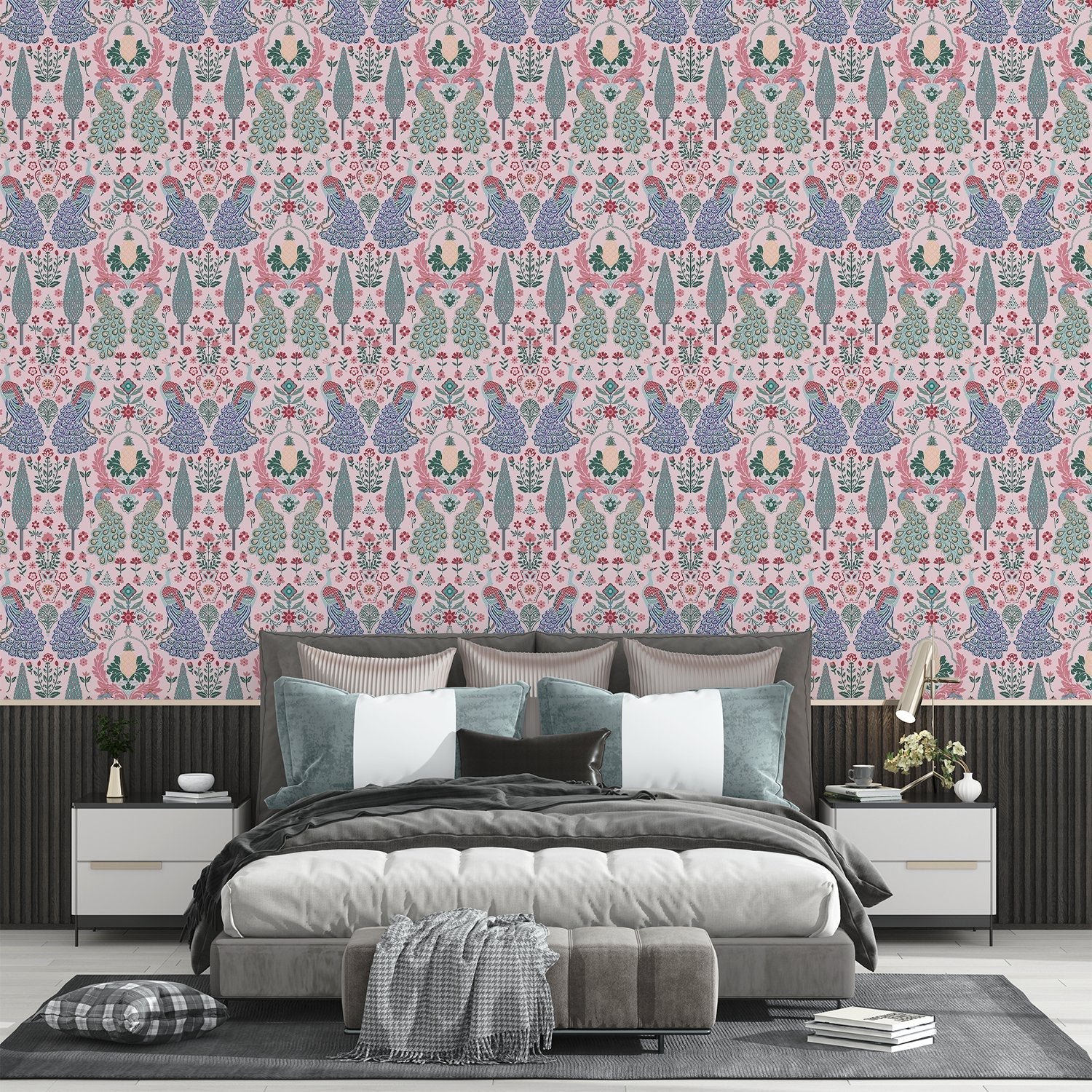 Symmetrical damask motifs in pink and sage green with intricate floral ornamental details - final bed-room