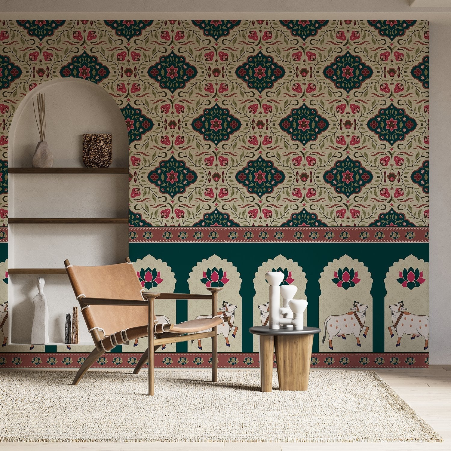 Traditional medallion damask print in teal and coral with decorative Indian border motifs - view 10 - final