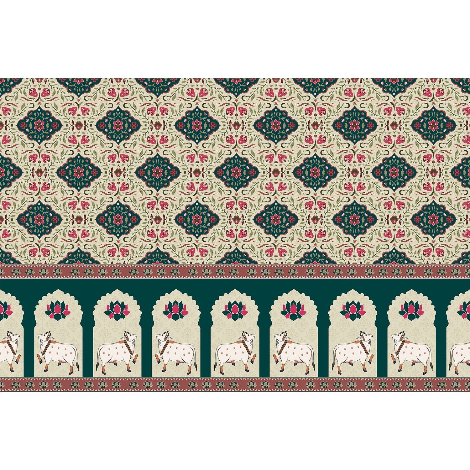 "Sacred cow motif with lotus accents in lea - mughal wallpaper mural-equal final"