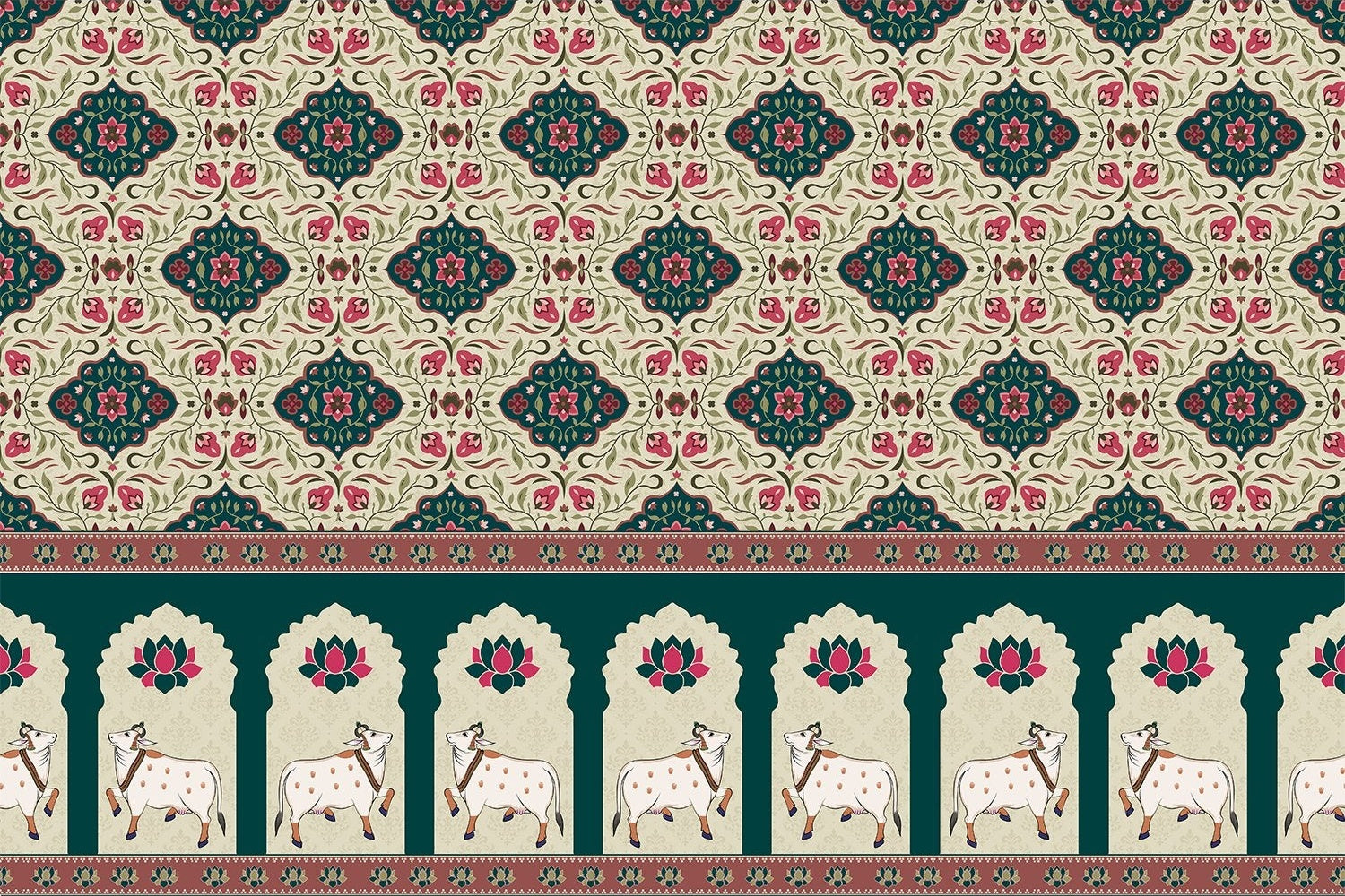 "Sacred cow motif with lotus accents in lea - mughal wallpaper mural-inequal final"