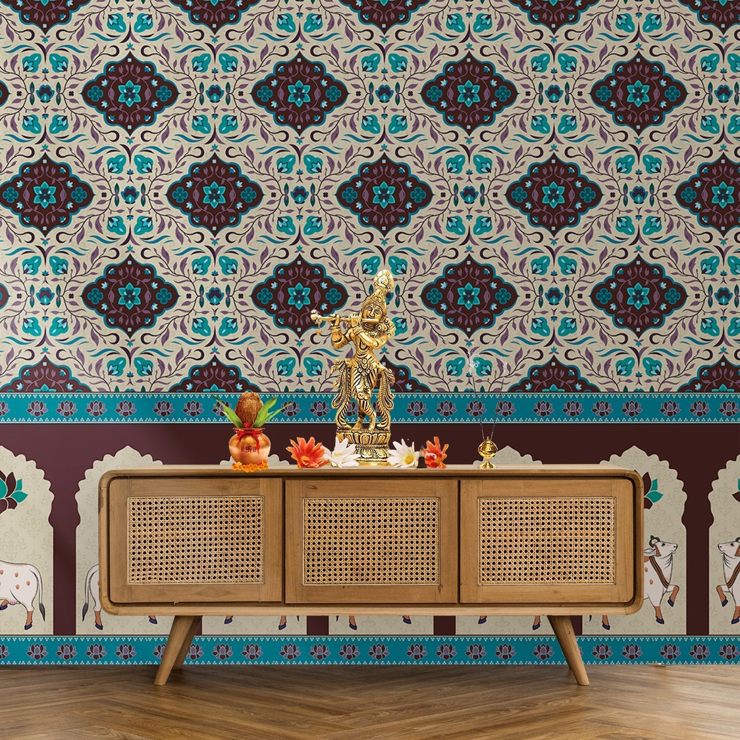 Traditional medallion damask print in teal and coral with decorative Indian border motifs - view 13 - final