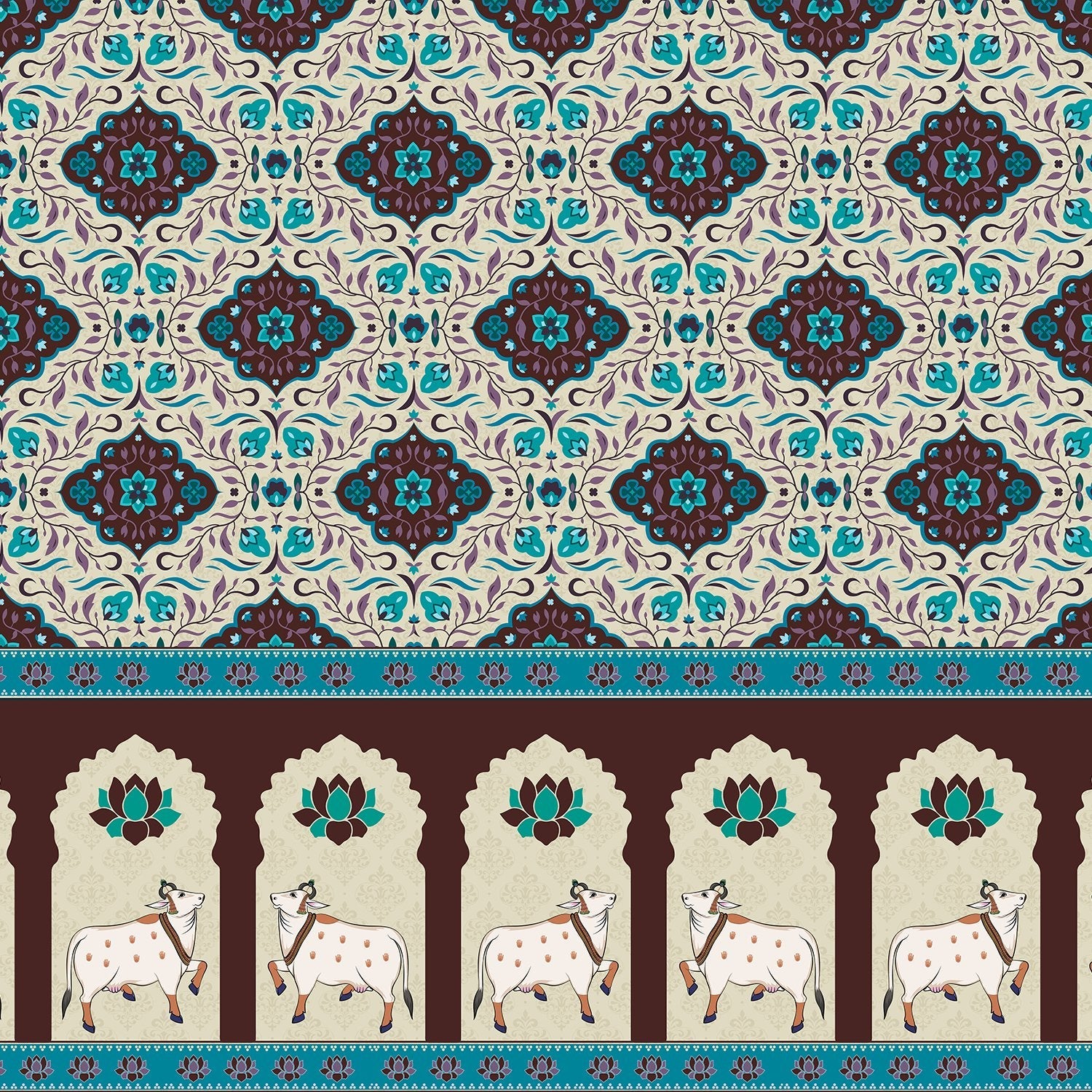 Traditional medallion damask print in teal and coral with decorative Indian border motifs - view 14 - final