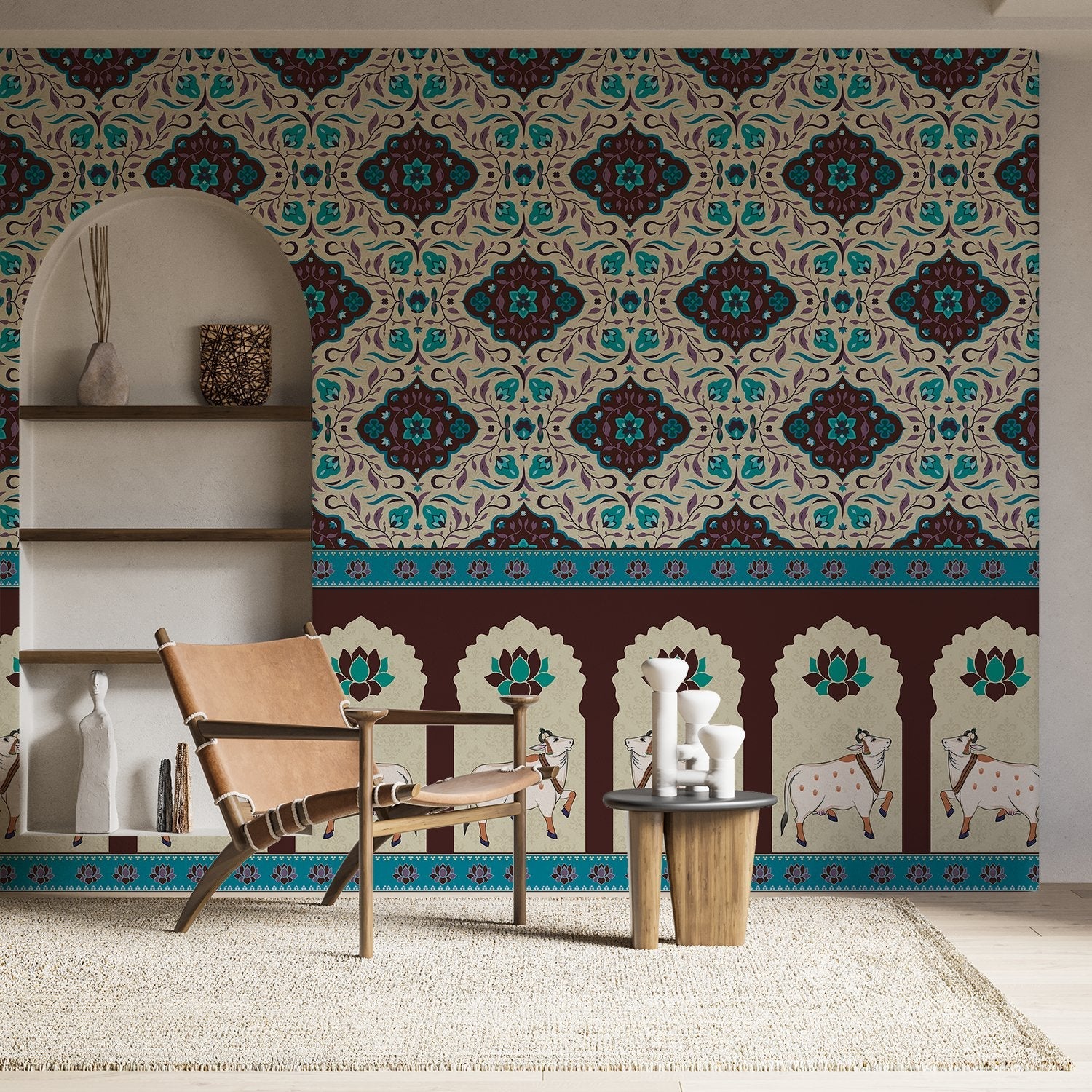 Traditional medallion damask print in teal and coral with decorative Indian border motifs - view 15 - final