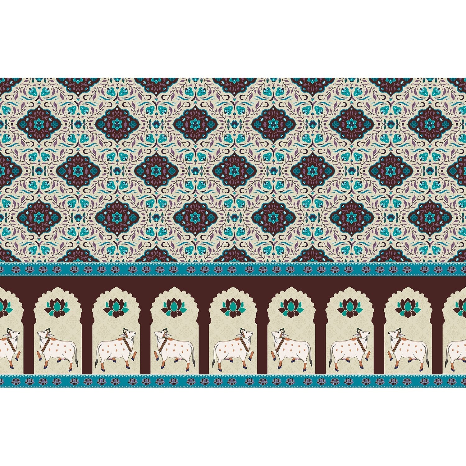 "Sacred cow motif with lotus accents in lea - mughal wallpaper mural-equal final"