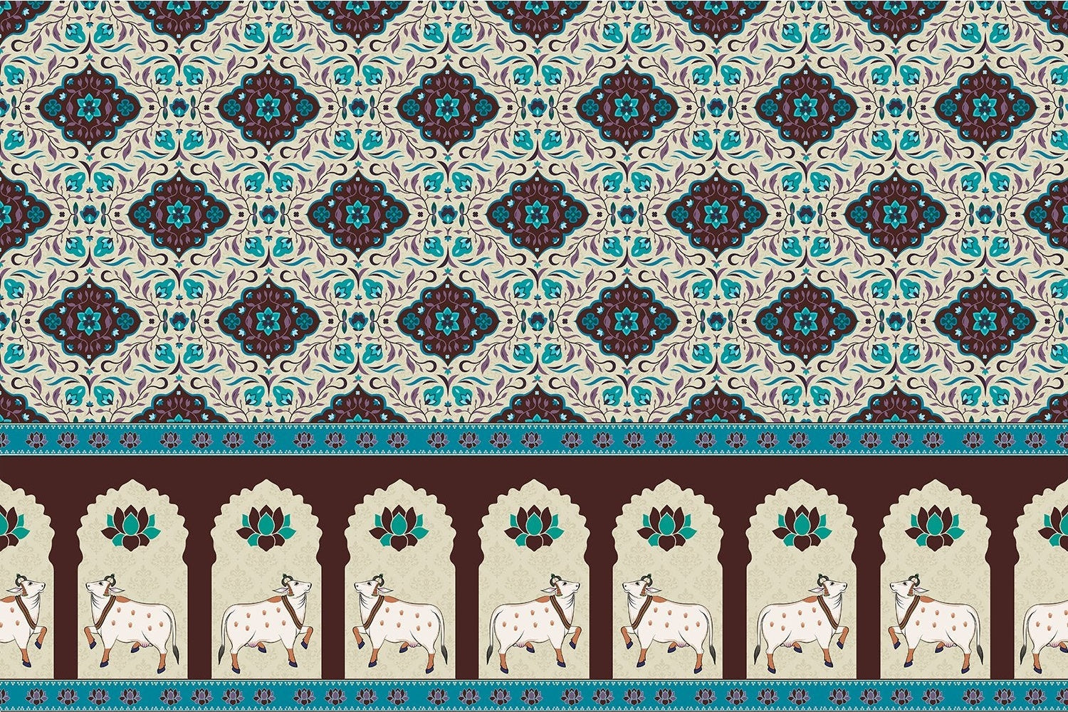 "Sacred cow motif with lotus accents in lea - mughal wallpaper mural-inequal final"