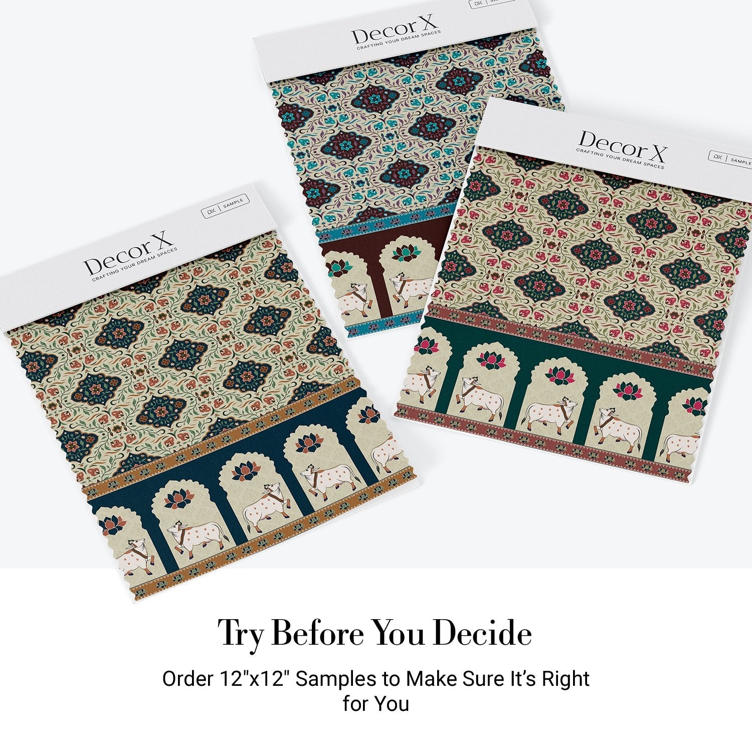 Traditional medallion damask print in teal and coral with decorative Indian border motifs - view 18 - final all-groups samples