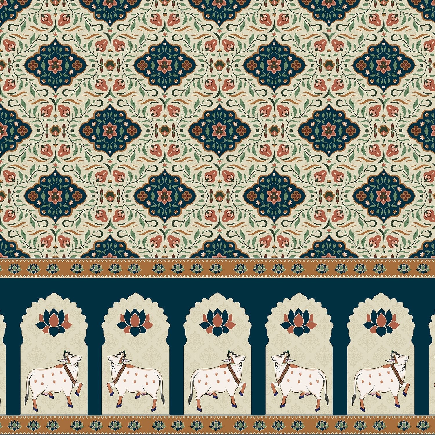 Traditional medallion damask print in teal and coral with decorative Indian border motifs - view 2 - final