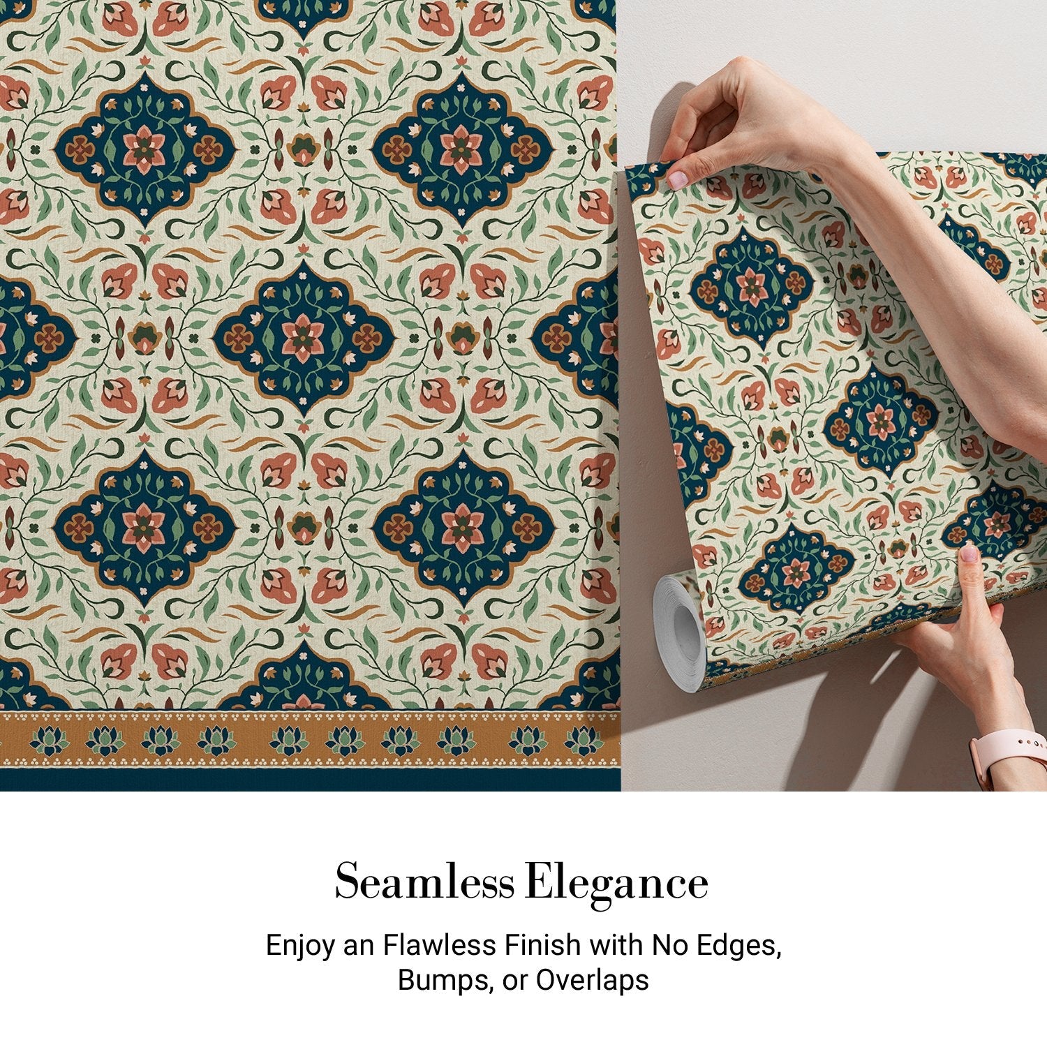 Traditional medallion damask print in teal and coral with decorative Indian border motifs - view 4 - final