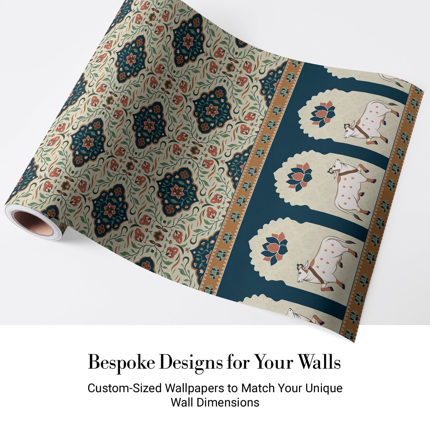 Traditional medallion damask print in teal and coral with decorative Indian border motifs - view 5 - final