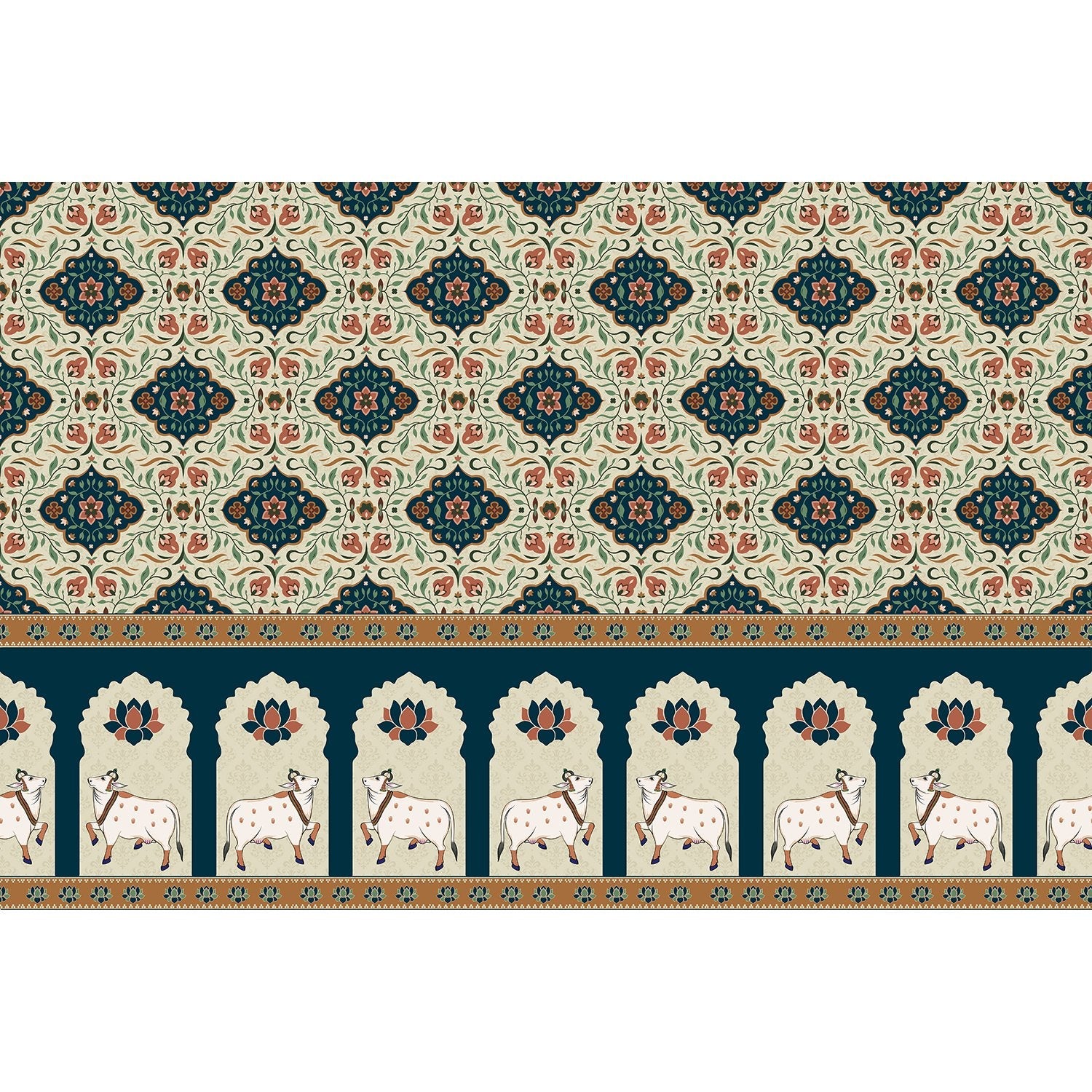 "Sacred cow motif with lotus accents in lea - mughal wallpaper mural-equal final"
