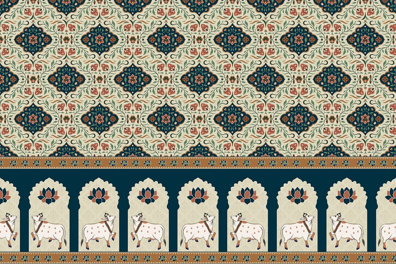 "Sacred cow motif with lotus accents in lea - mughal wallpaper mural-inequal final"