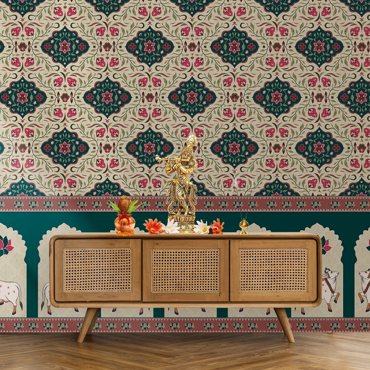 Traditional medallion damask print in teal and coral with decorative Indian border motifs - view 8 - final