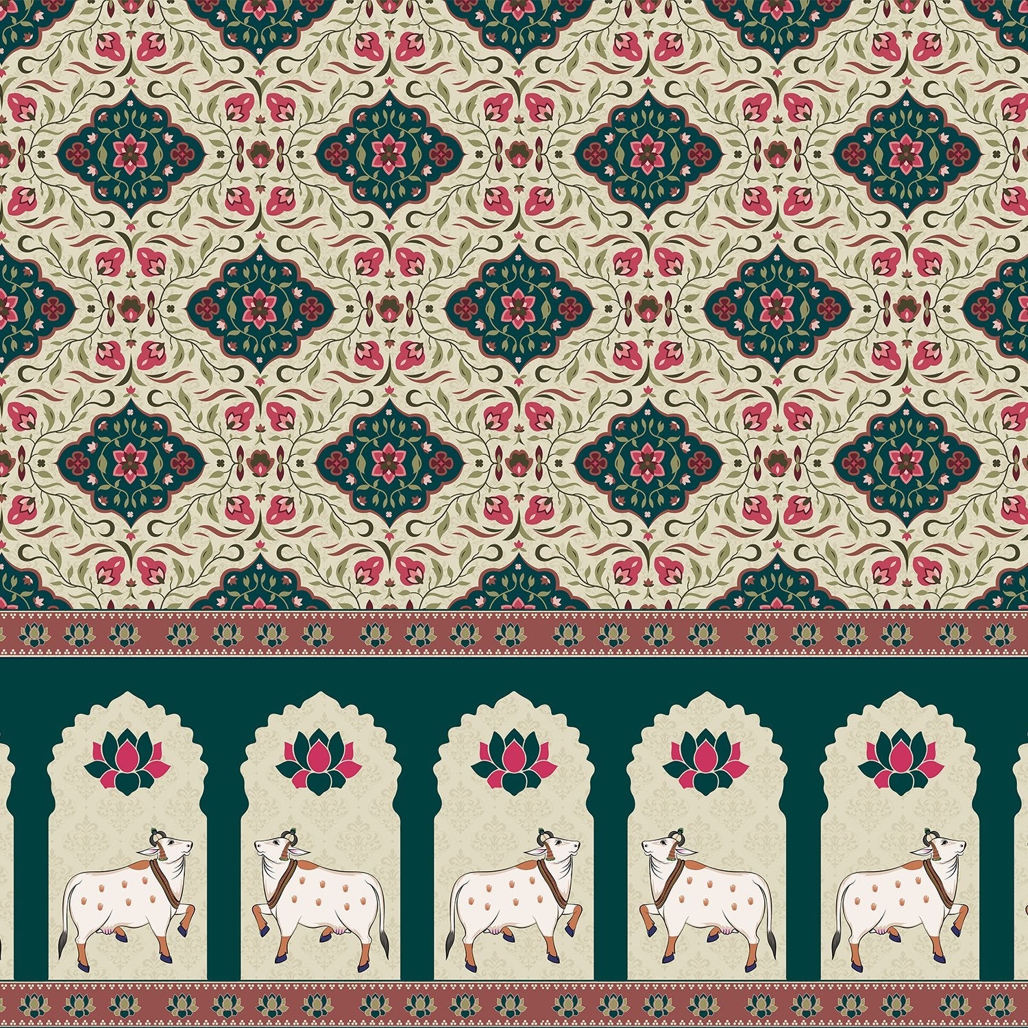 Traditional medallion damask print in teal and coral with decorative Indian border motifs - view 9 - final