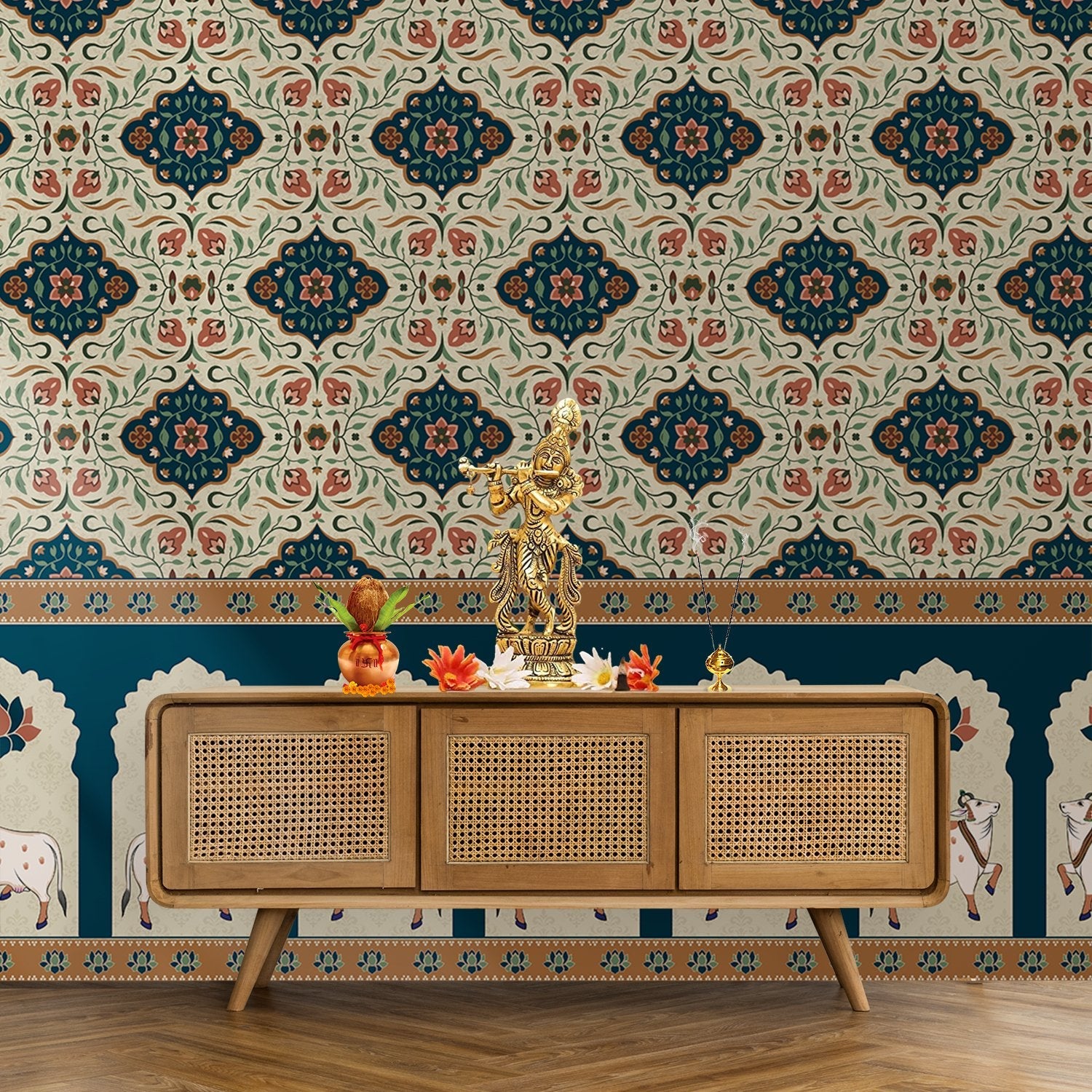 Traditional medallion damask print in teal and coral with decorative Indian border motifs - final pooja-room