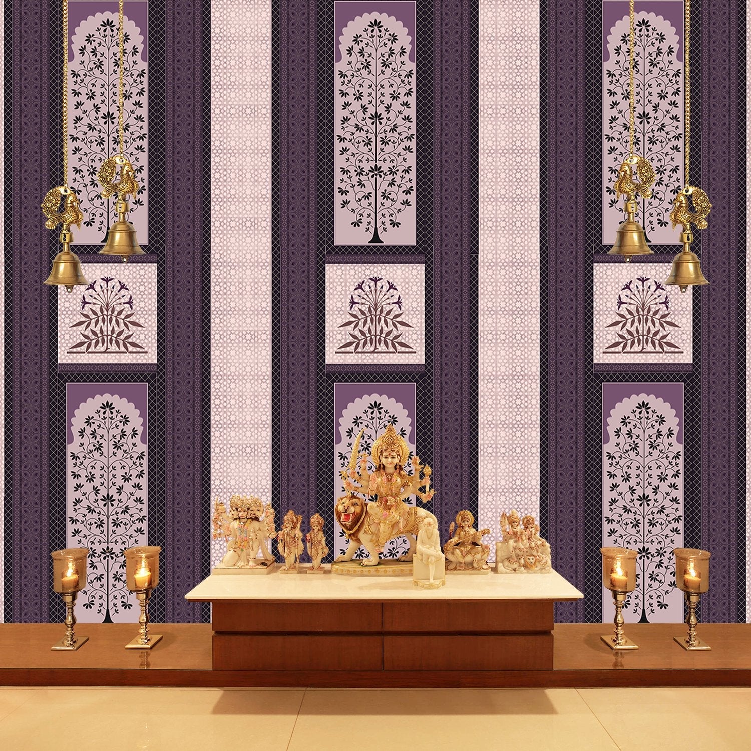 Traditional brown striped panels featuring ornate floral trees and palmette motifs in classic style - view 17 - final