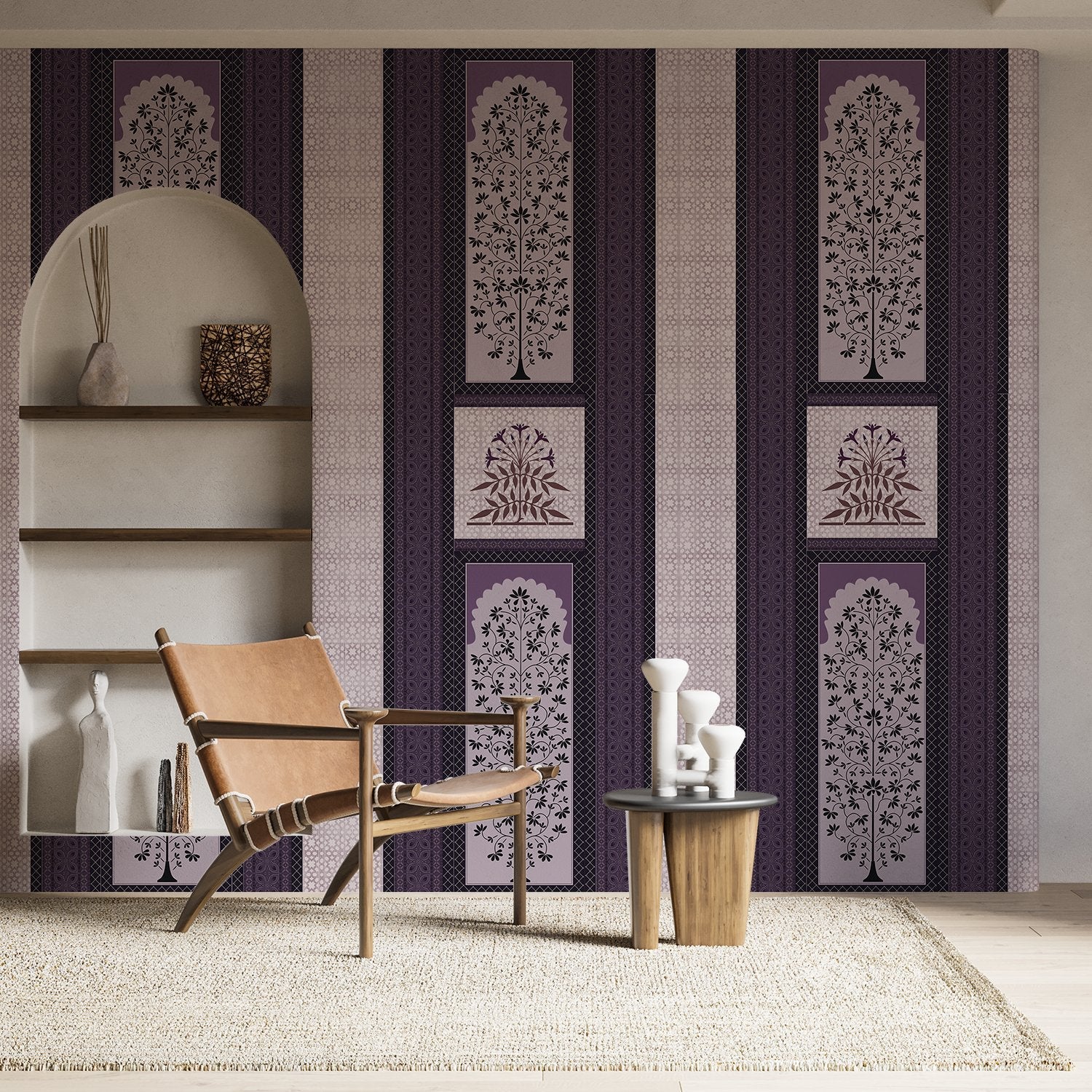 Traditional brown striped panels featuring ornate floral trees and palmette motifs in classic style - view 18 - final