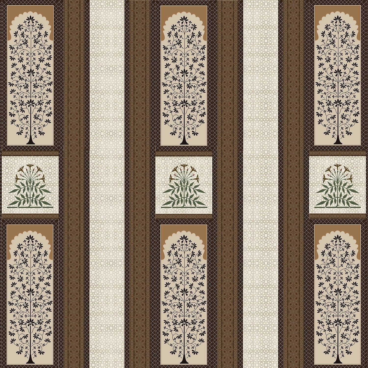 Traditional brown striped panels featuring ornate floral trees and palmette motifs in classic style - view 2 - final