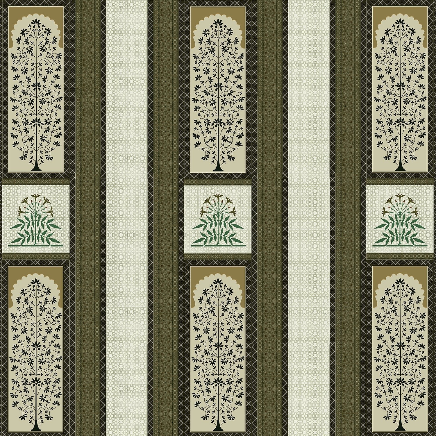 Traditional brown striped panels featuring ornate floral trees and palmette motifs in classic style - view 22 - final