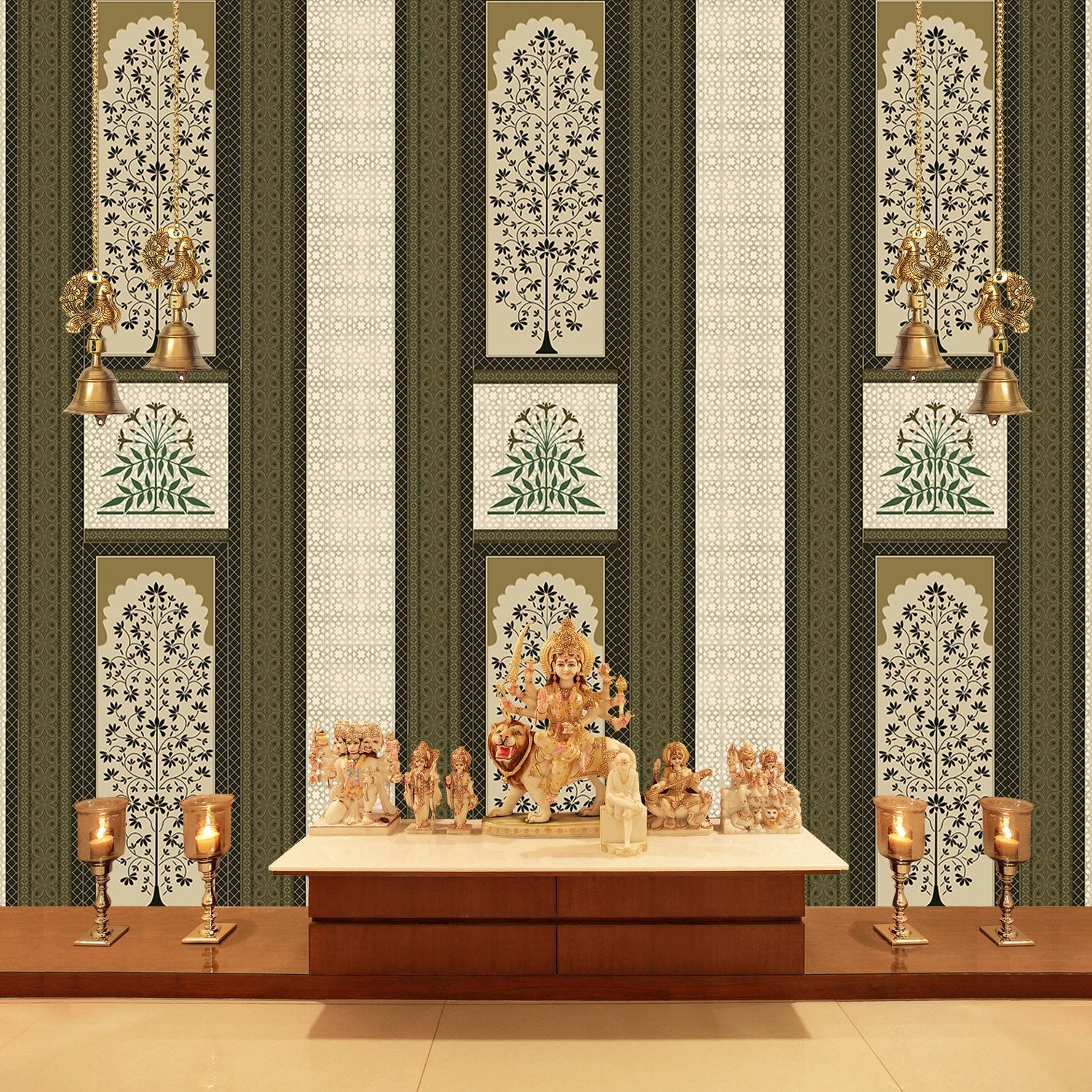 Traditional brown striped panels featuring ornate floral trees and palmette motifs in classic style - view 23 - final
