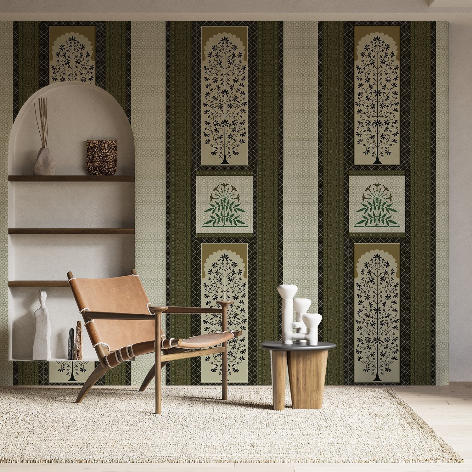 Traditional brown striped panels featuring ornate floral trees and palmette motifs in classic style - view 24 - final