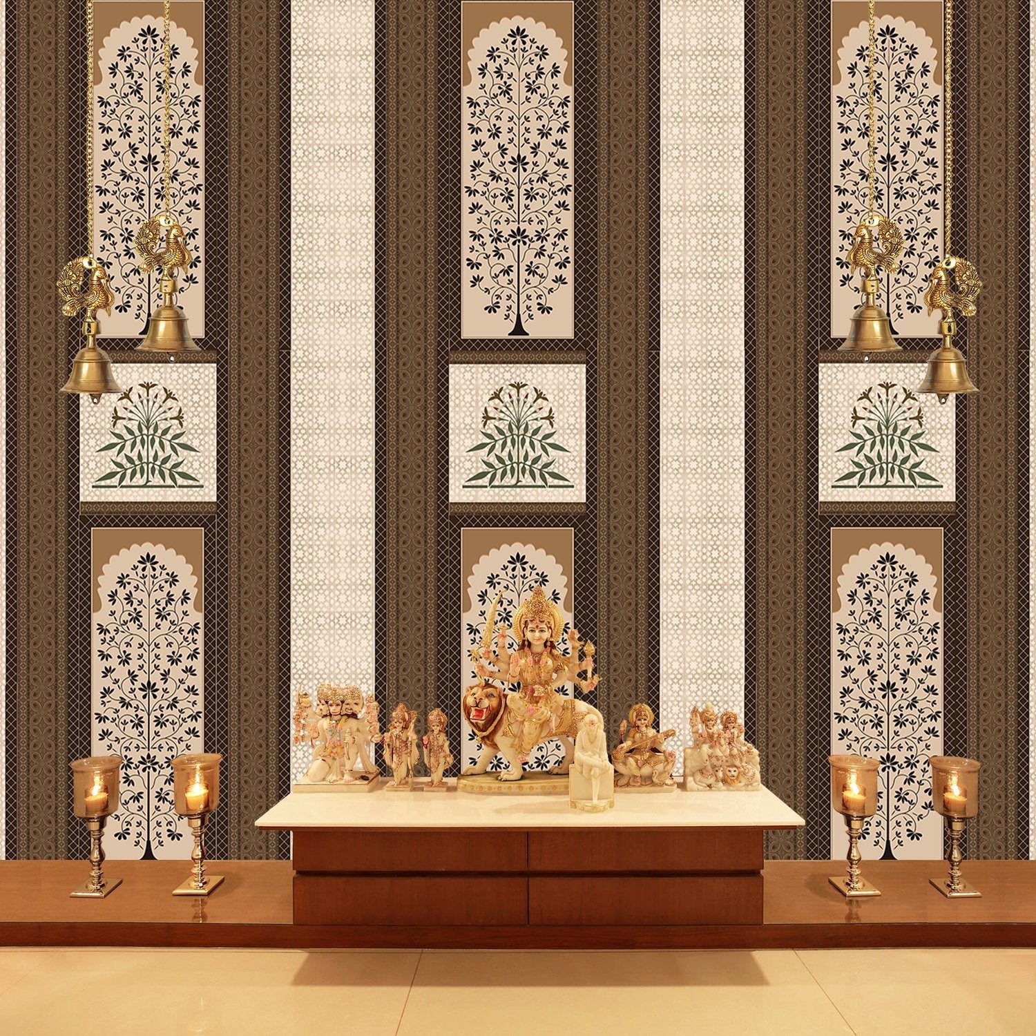 Traditional brown striped panels featuring ornate floral trees and palmette motifs in classic style - view 3 - final pooja-room