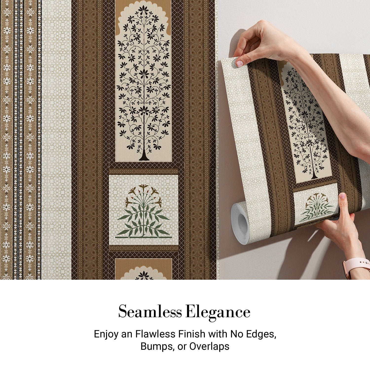 Traditional brown striped panels featuring ornate floral trees and palmette motifs in classic style - view 5 - final