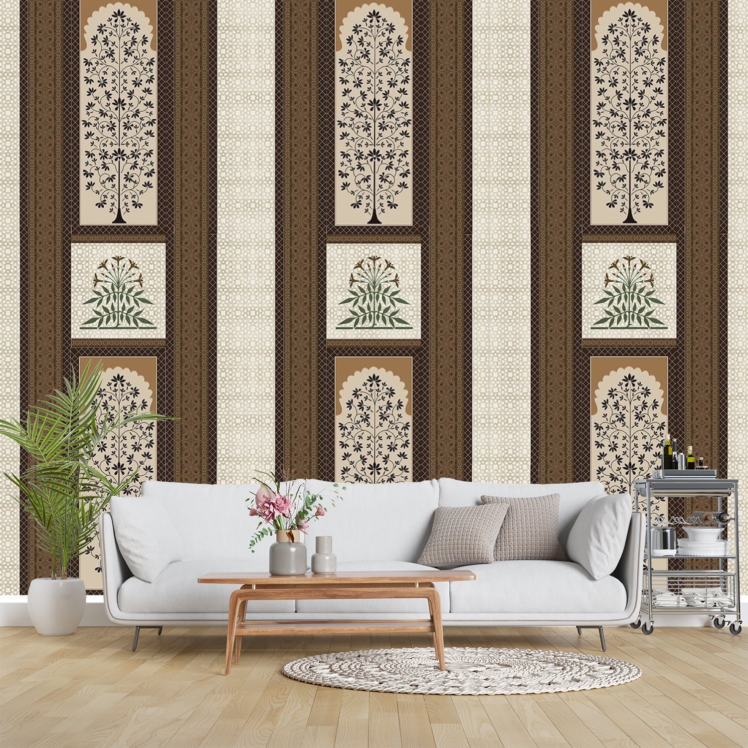Traditional brown striped panels featuring ornate floral trees and palmette motifs in classic style - final living-room