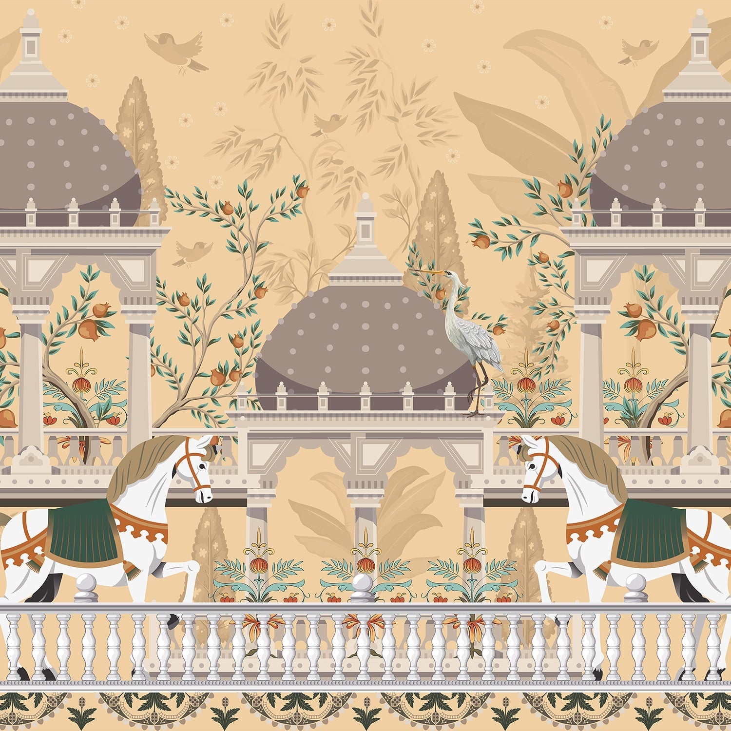 Elegant palace pavilions with domed architecture and horses amid botanical garden scenery - view 2 - final