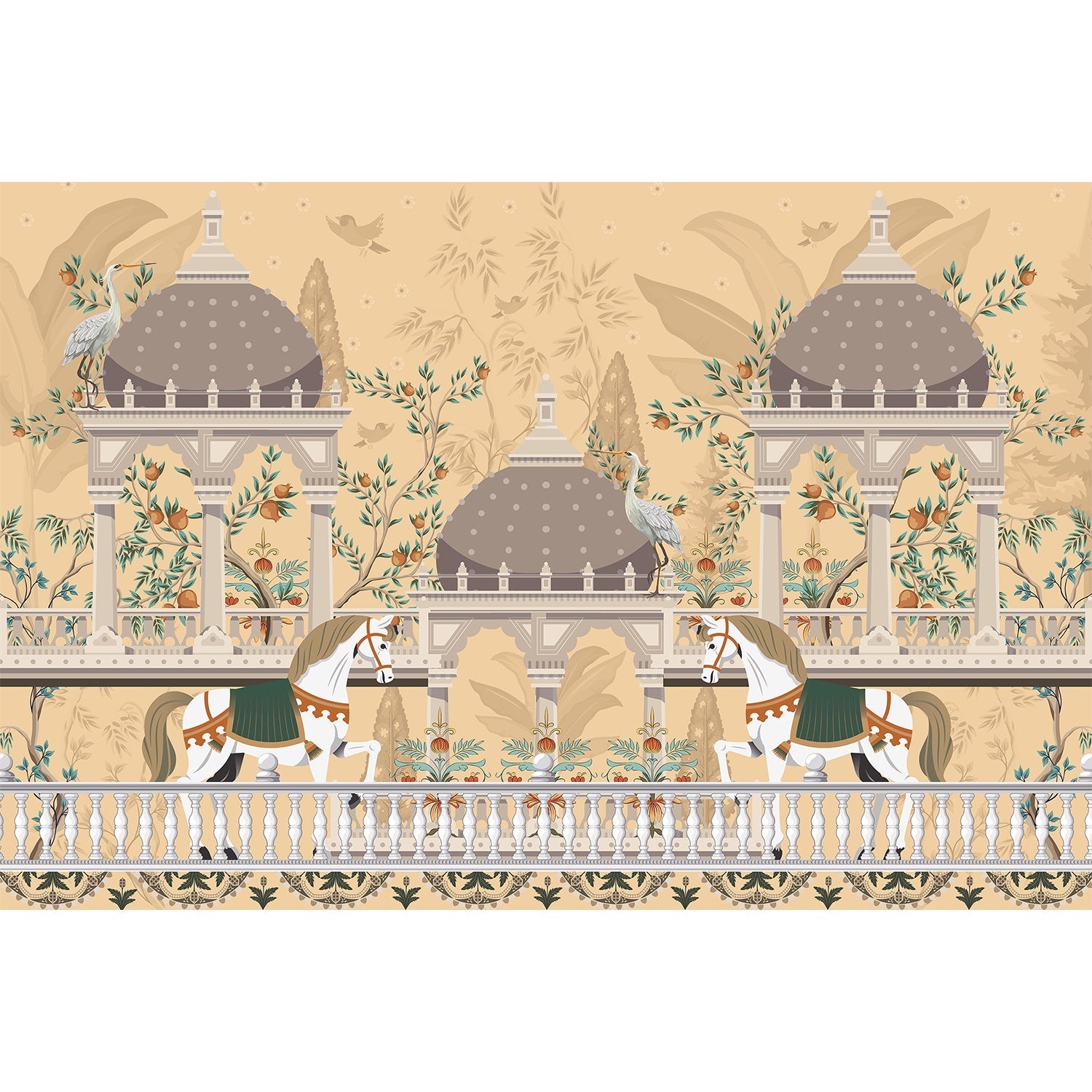 "Regal horses ornate architecture lea - mughal wallpaper mural-equal final"