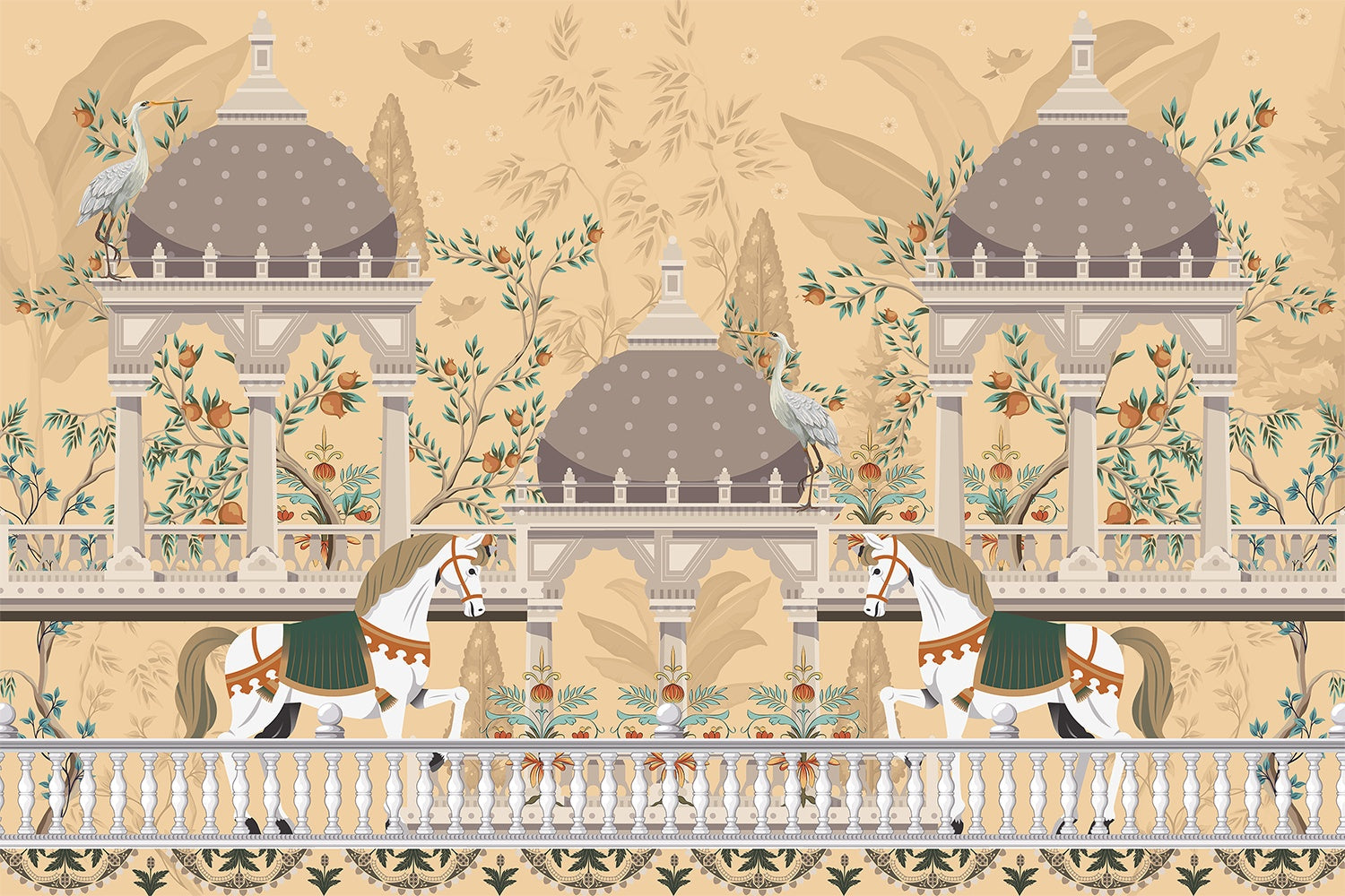 "Regal horses ornate architecture lea - mughal wallpaper mural-inequal final"
