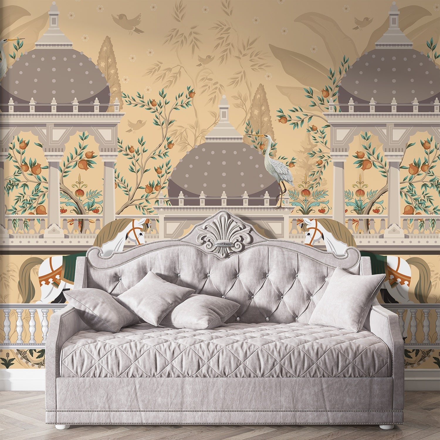 Elegant palace pavilions with domed architecture and horses amid botanical garden scenery - final foyer