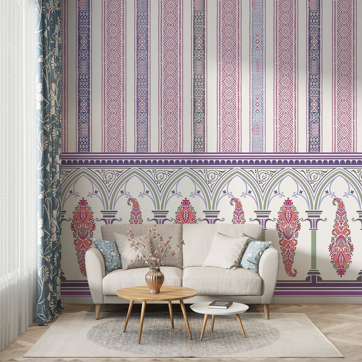 Elegant Victorian striped wallpaper with ornate arched border and pastel colored decorative panels - view 11 - final