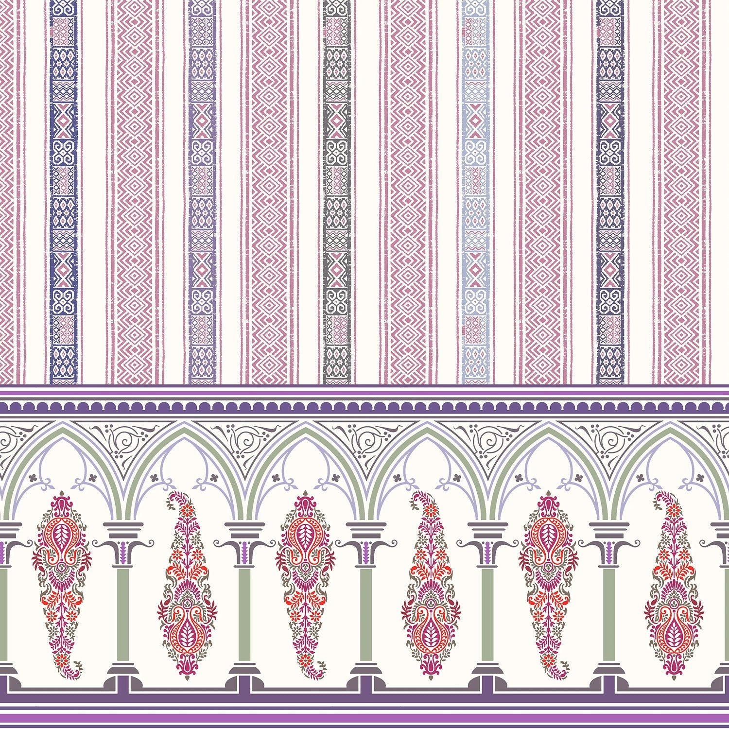 Elegant Victorian striped wallpaper with ornate arched border and pastel colored decorative panels - view 12 - final