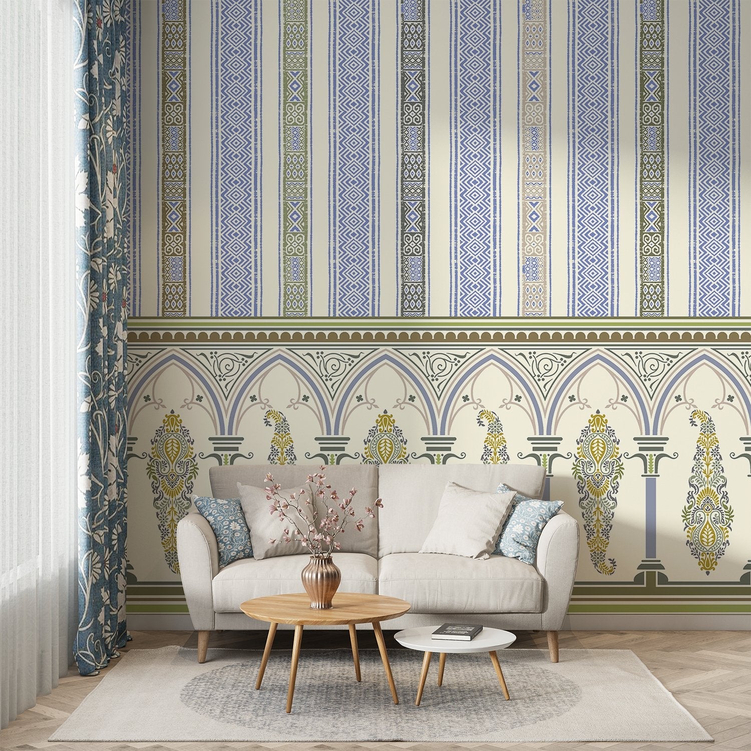 Elegant Victorian striped wallpaper with ornate arched border and pastel colored decorative panels - view 15 - final