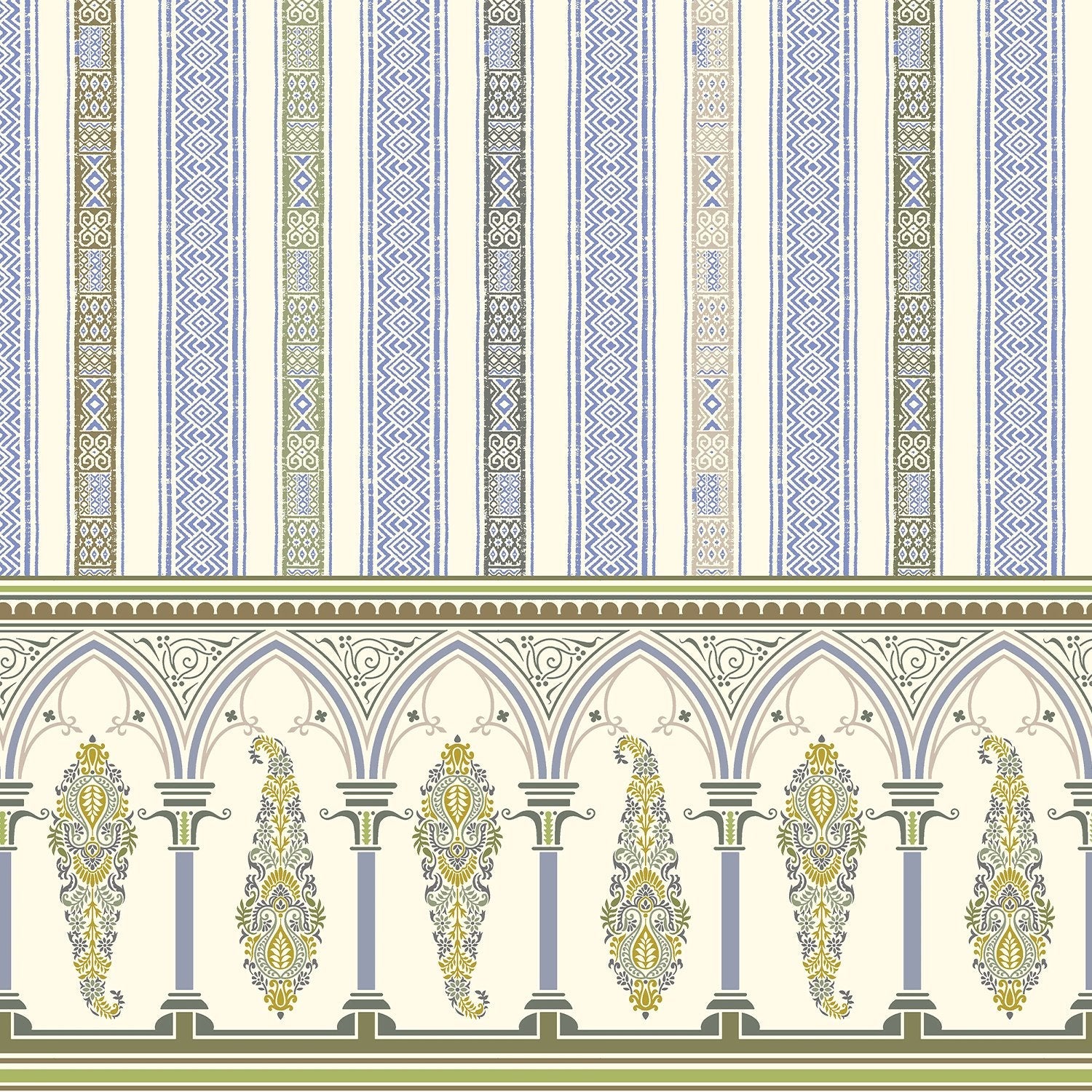 Elegant Victorian striped wallpaper with ornate arched border and pastel colored decorative panels - view 16 - final