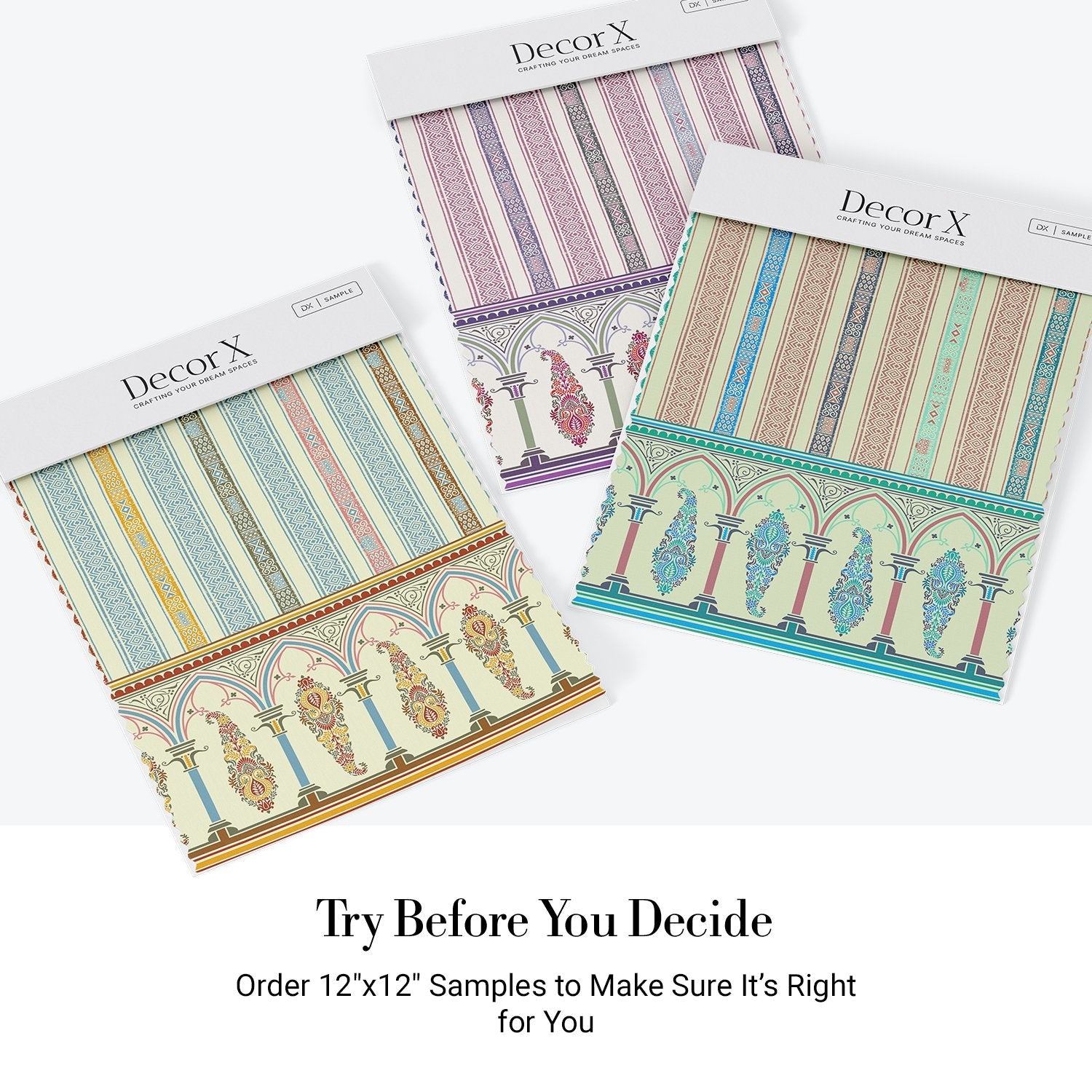 Elegant Victorian striped wallpaper with ornate arched border and pastel colored decorative panels - view 19 - final all-groups samples