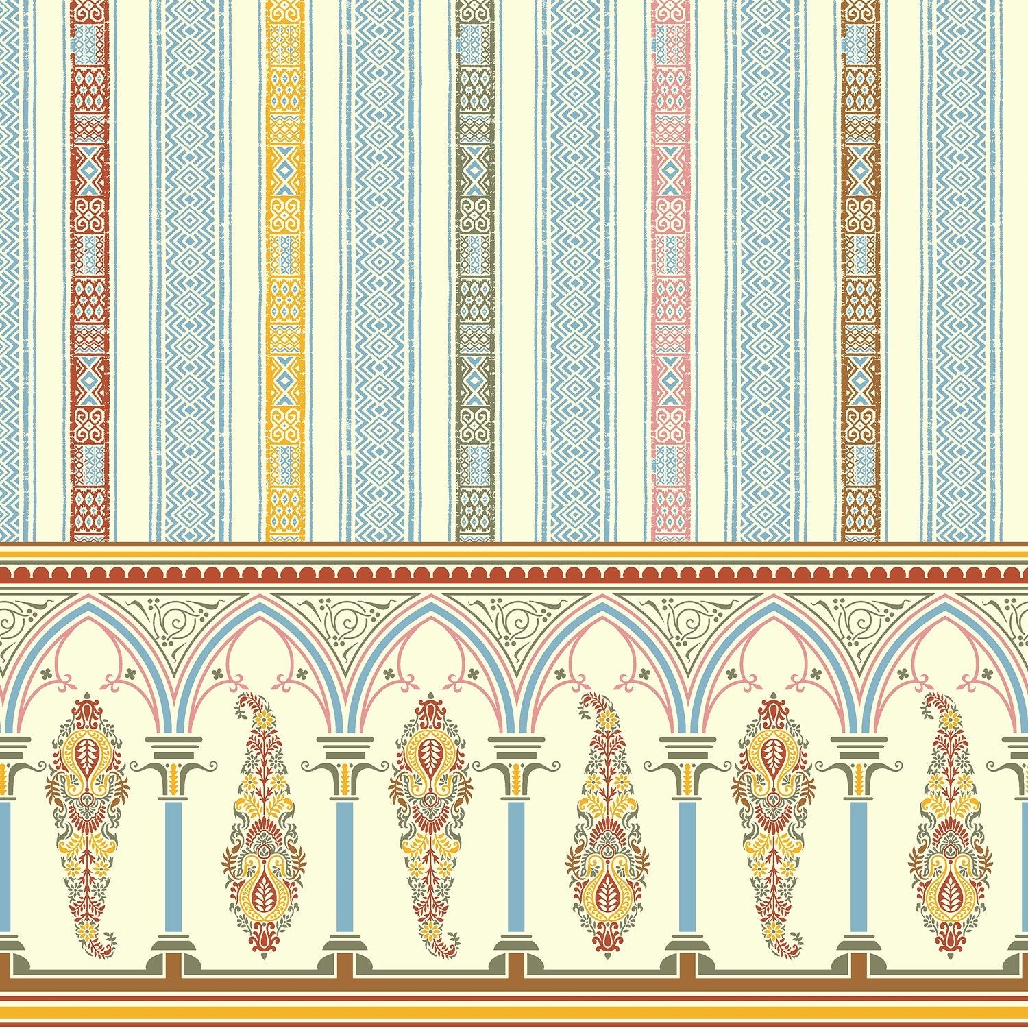 Elegant Victorian striped wallpaper with ornate arched border and pastel colored decorative panels - view 2 - final