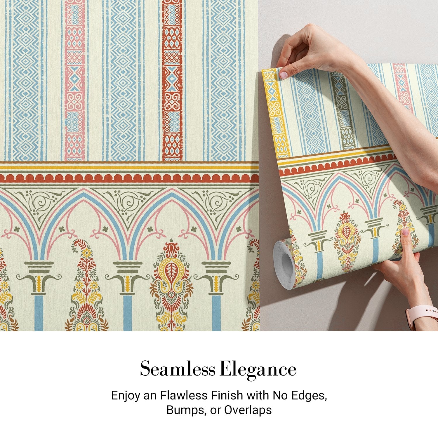 Elegant Victorian striped wallpaper with ornate arched border and pastel colored decorative panels - view 3 - final