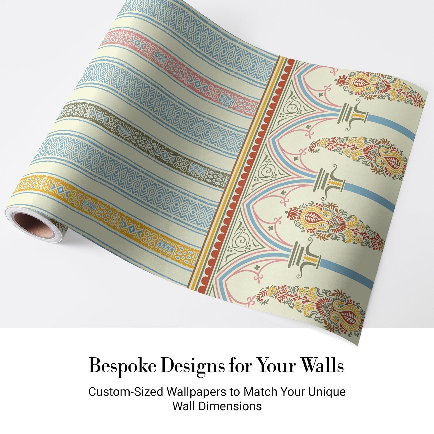 Elegant Victorian striped wallpaper with ornate arched border and pastel colored decorative panels - view 4 - final