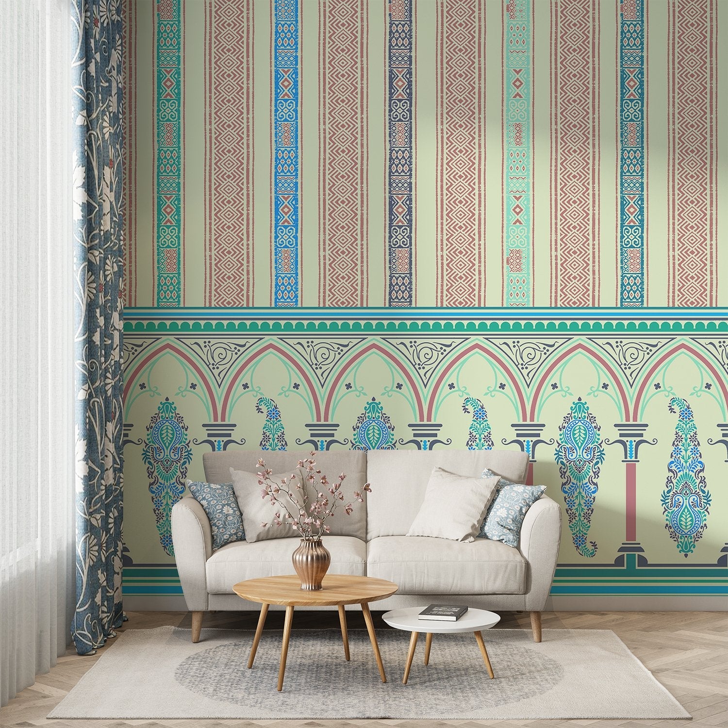 Elegant Victorian striped wallpaper with ornate arched border and pastel colored decorative panels - view 7 - final